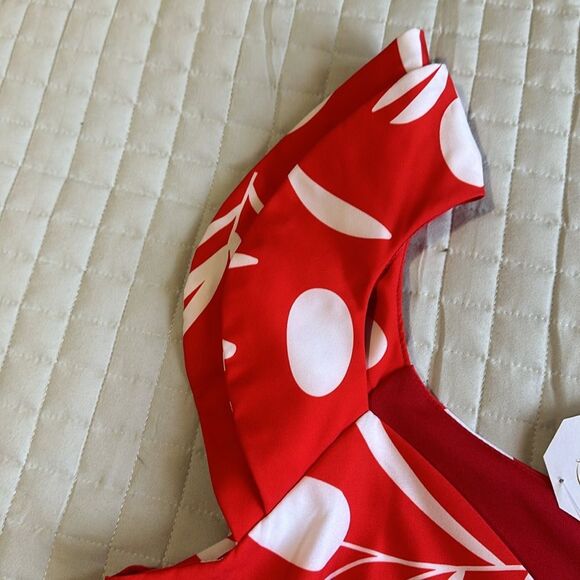 NEW - RED/WHITE LEAF PRINT CROP TOP RUFFLED SLEEVE SZ LARGE - Picture 5 of 11